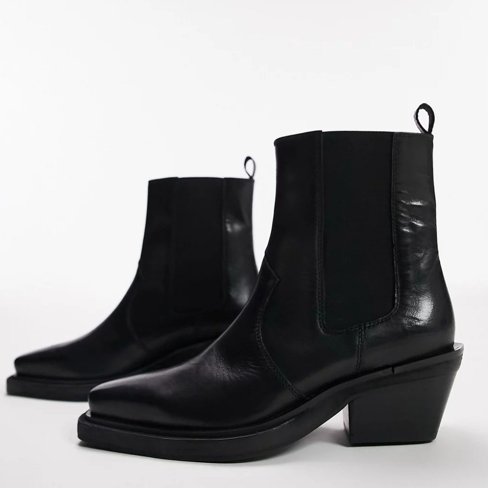 Topshop wide fit Maeve leather western ankle boot in black